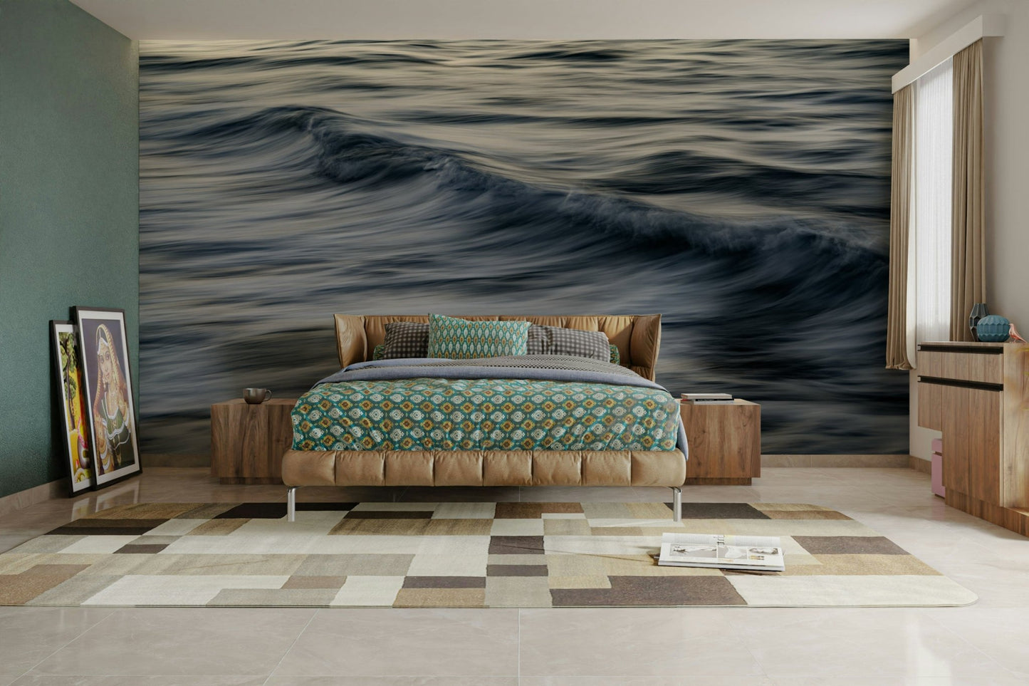 An artistic ocean wave mural on minimalist wallpaper.

