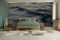An artistic ocean wave mural on minimalist wallpaper.

