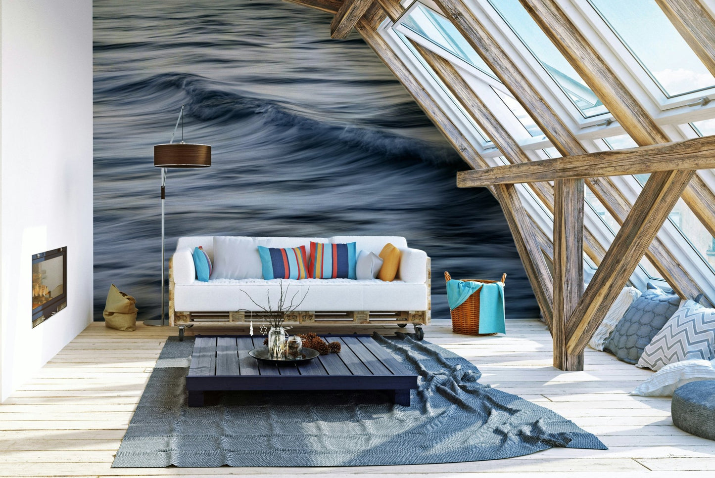 A calming abstract wave wallpaper mural that defines a space.

