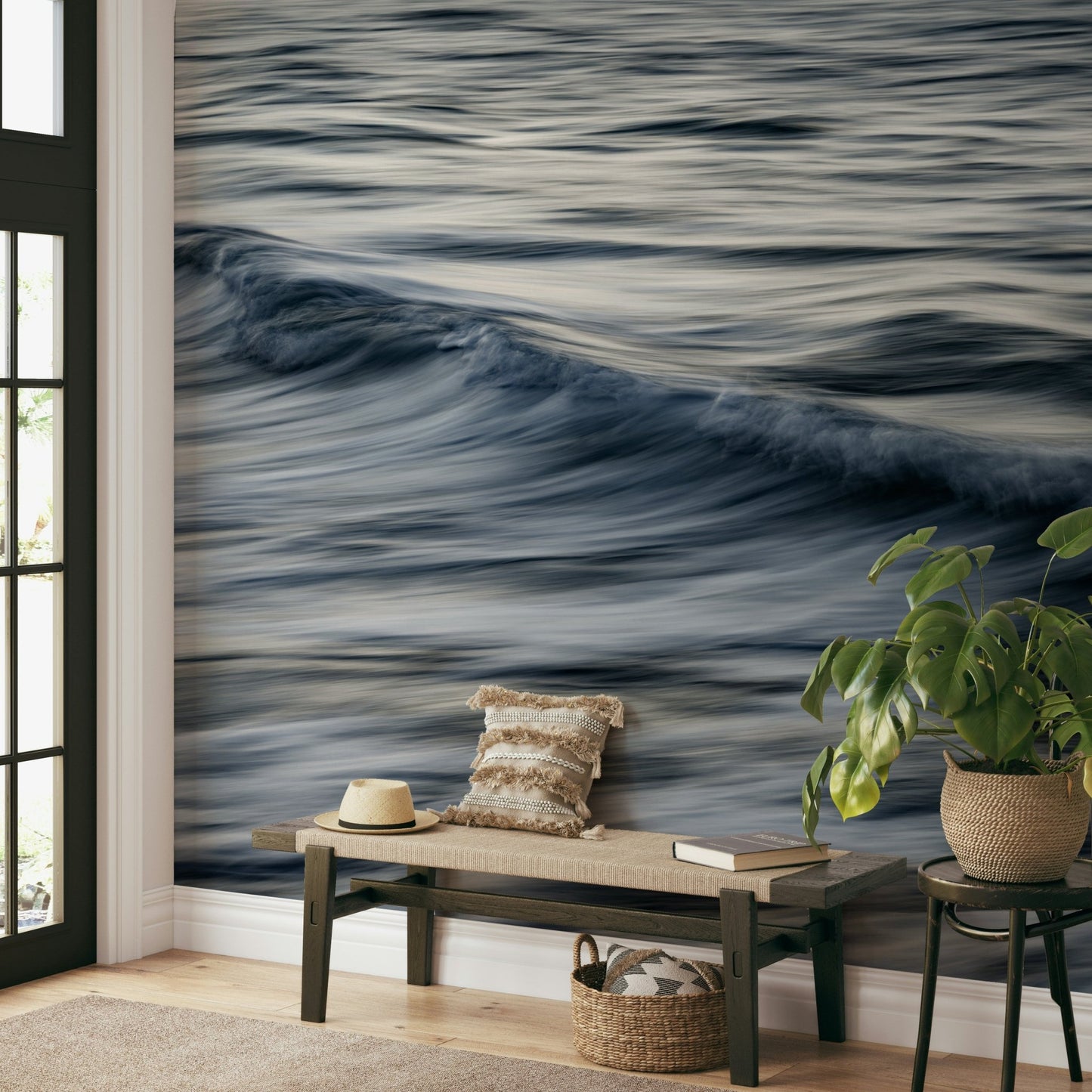 A graceful subtle wave wall mural in cool, natural tones.

