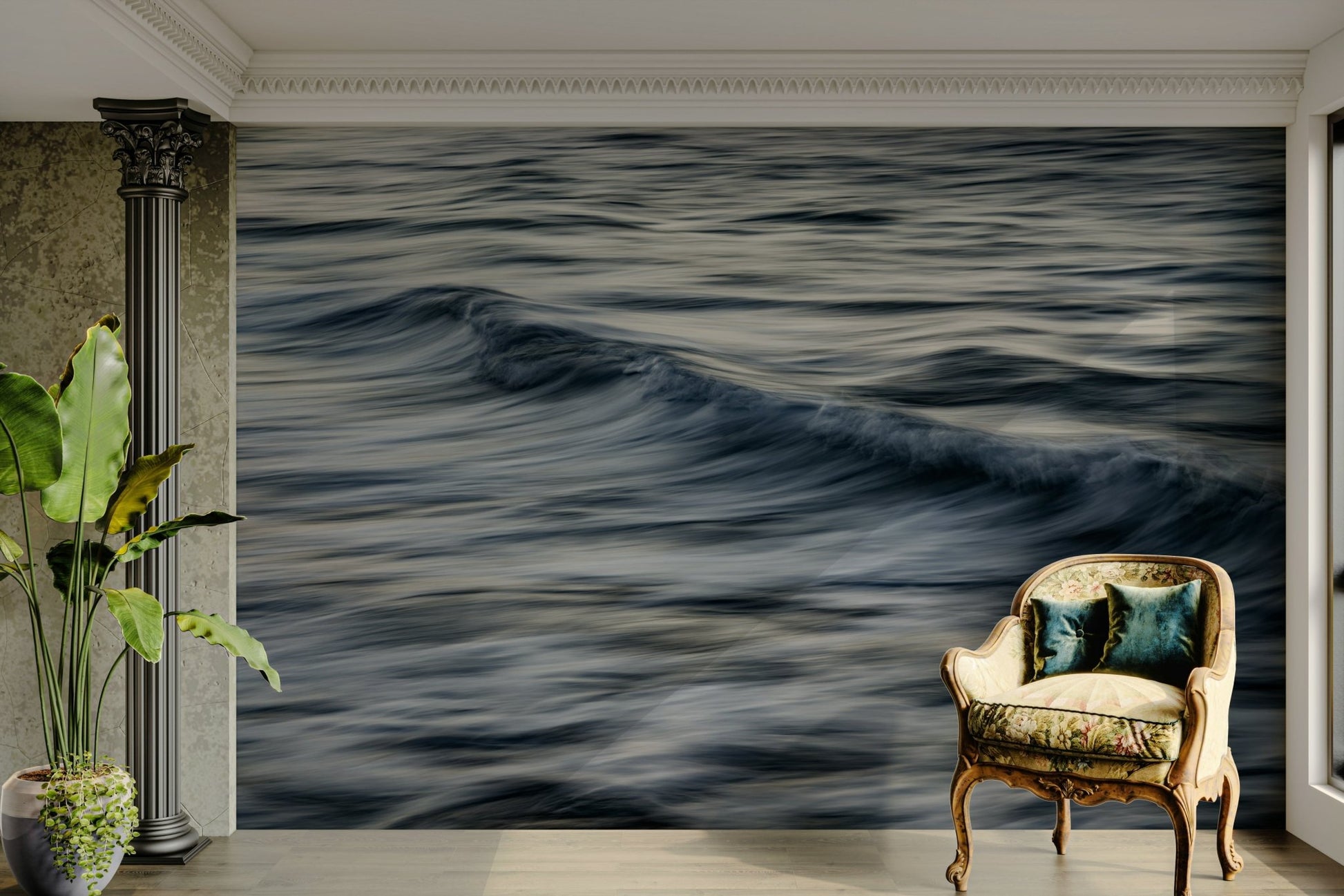 A peaceful moving water mural on decorative wallpaper.

