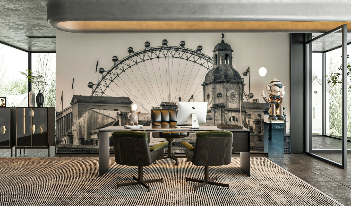 Abstract wheel behind wall mural in home decor

