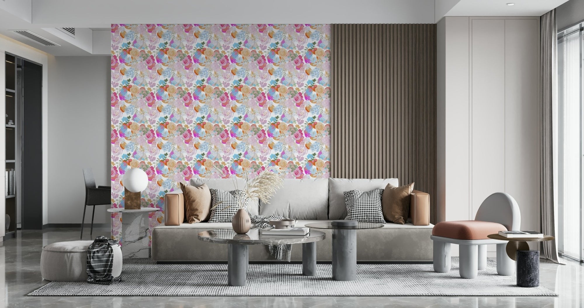 A beautiful thick oil painted floral wallpaper mural with vibrant magenta and spring colors., GD5977
