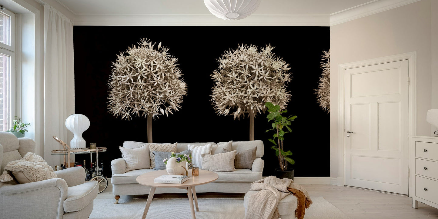 Unique floral design with alliums on black mural.

