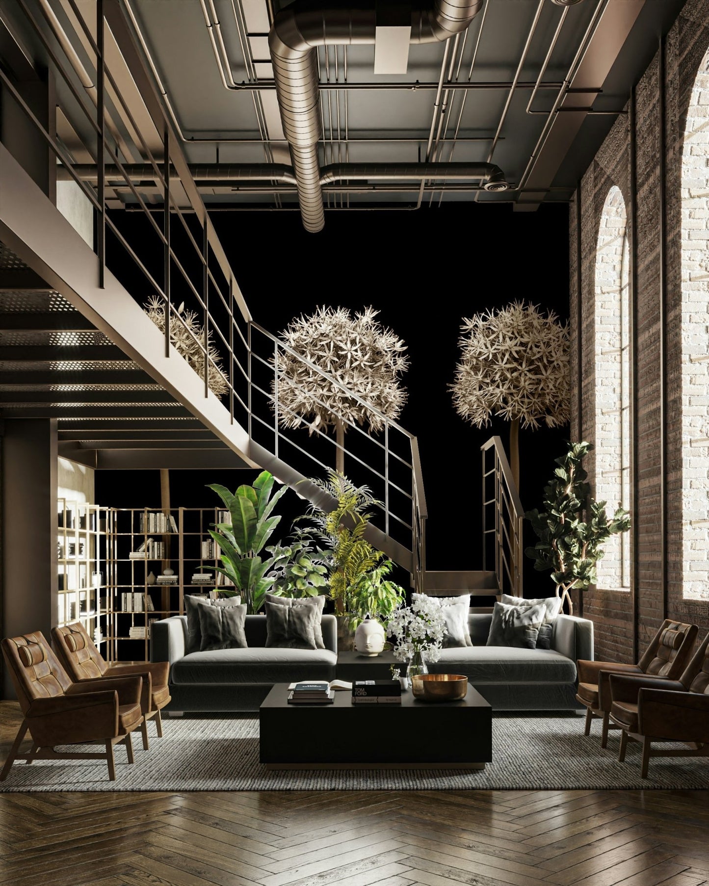 Bold black wall mural with three allium flowers.

