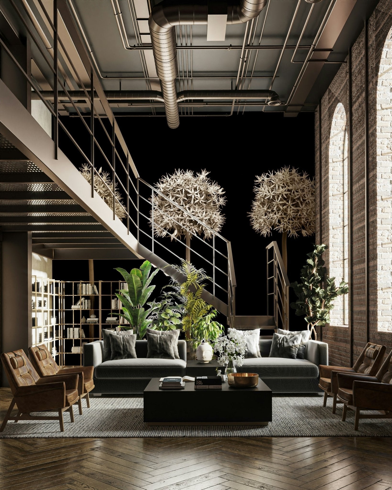 Bold black wall mural with three allium flowers.

