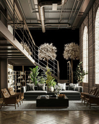 Bold black wall mural with three allium flowers.

