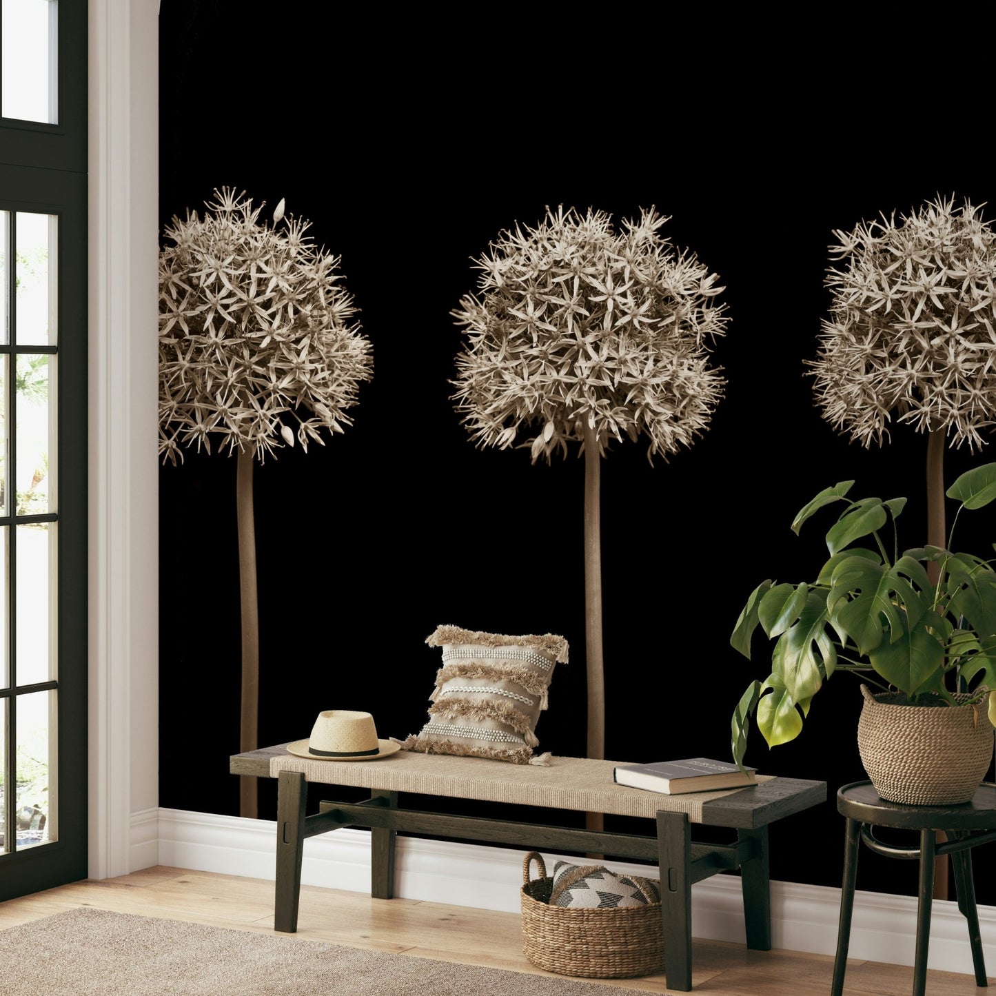 Elegant alliums on black wall mural design.