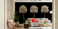 Black wall with allium flowers in vivid colors mural.

