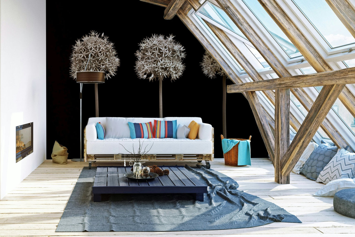 Artistic allium blooms on black wall mural design.

