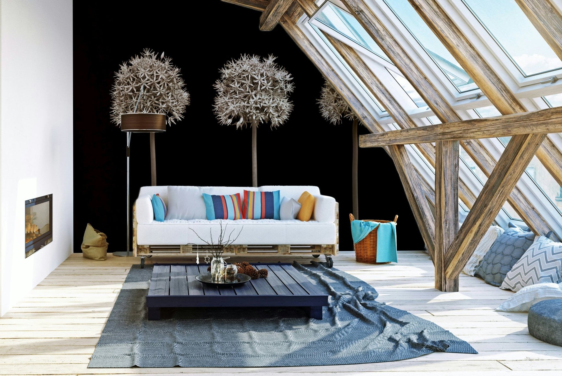 Artistic allium blooms on black wall mural design.

