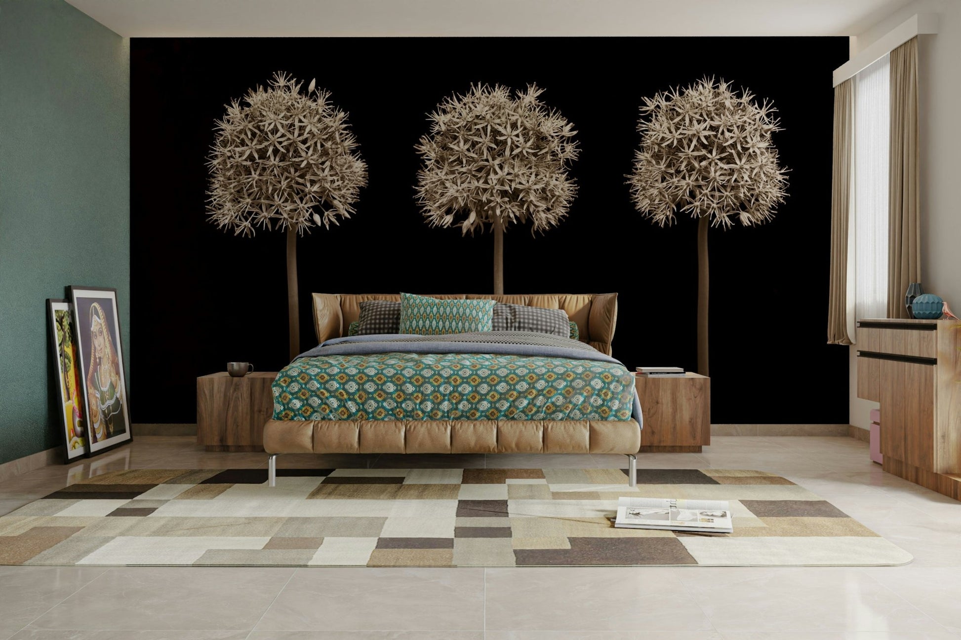 Three purple alliums mural against black wall.

