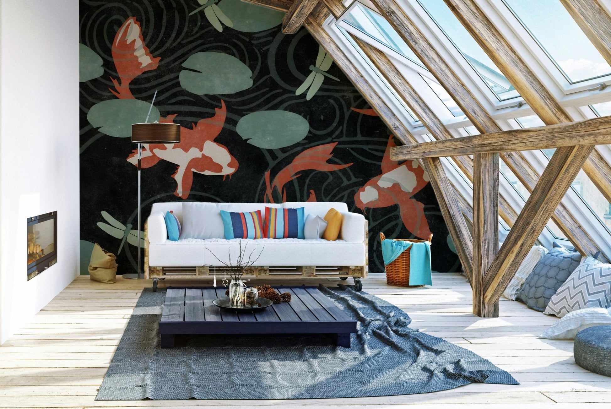 Three koi fish swimming in a lush pond wall art.

