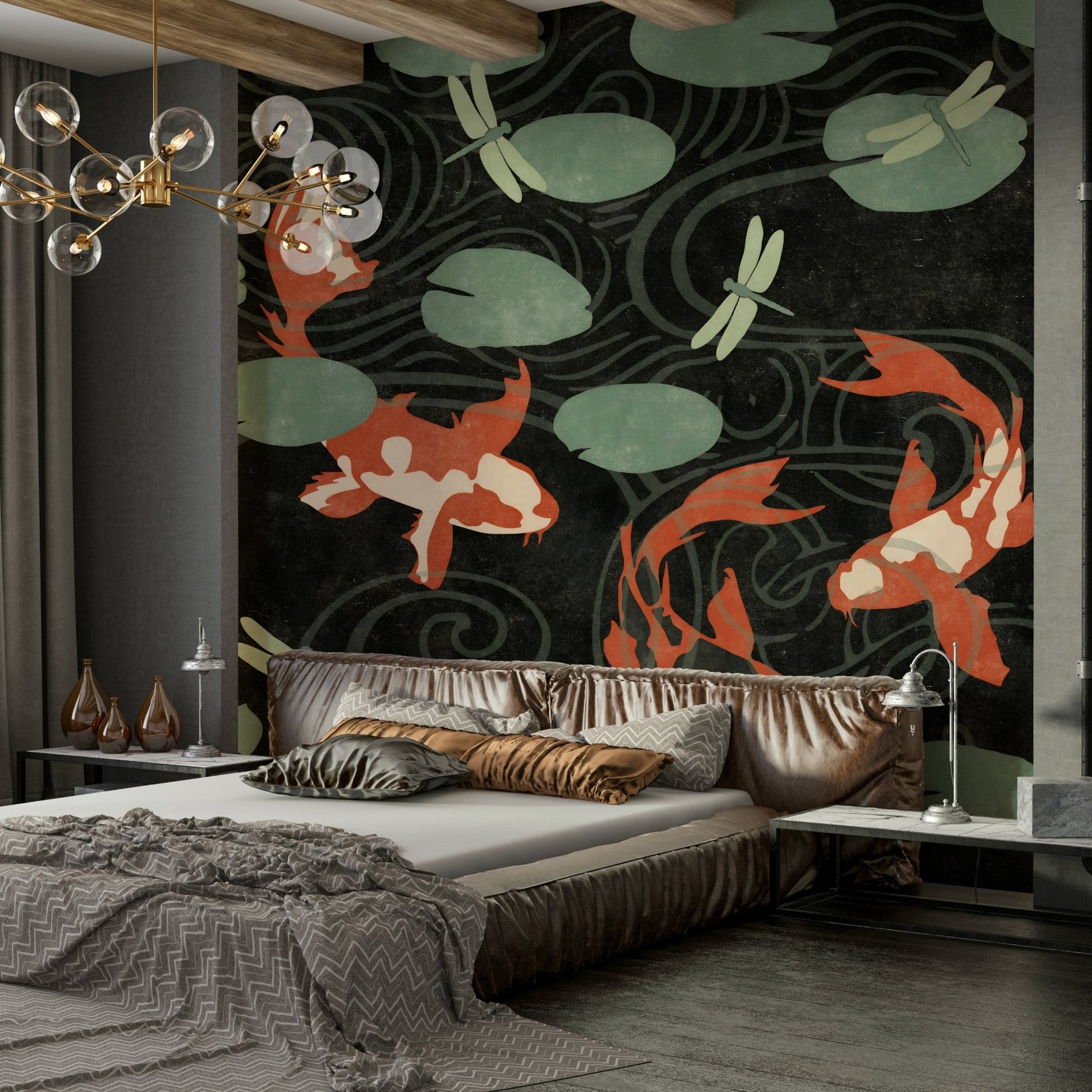 Decorative koi pond mural with three peaceful koi.

