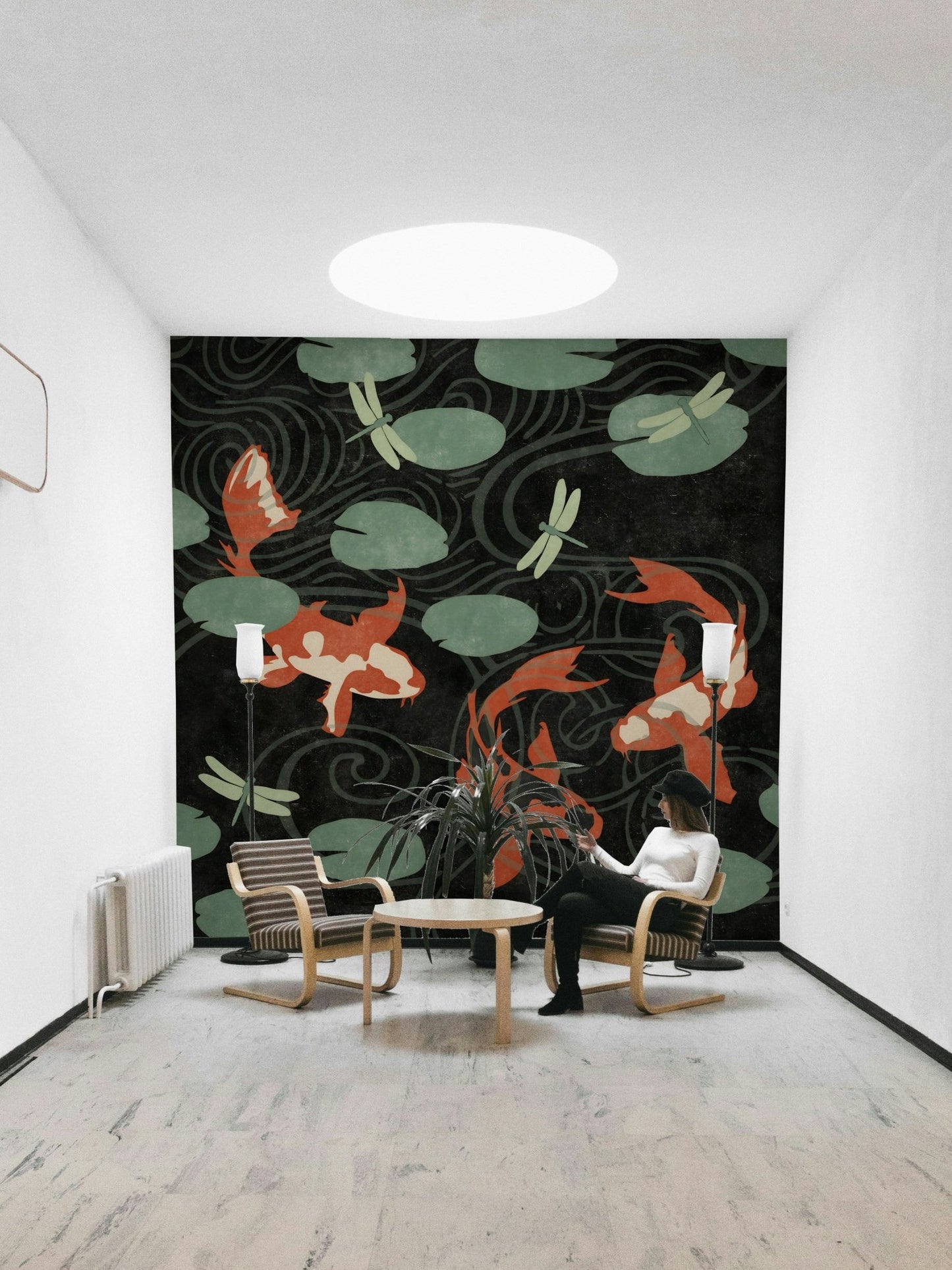 Elegant koi fish in a serene pond wall art mural.

