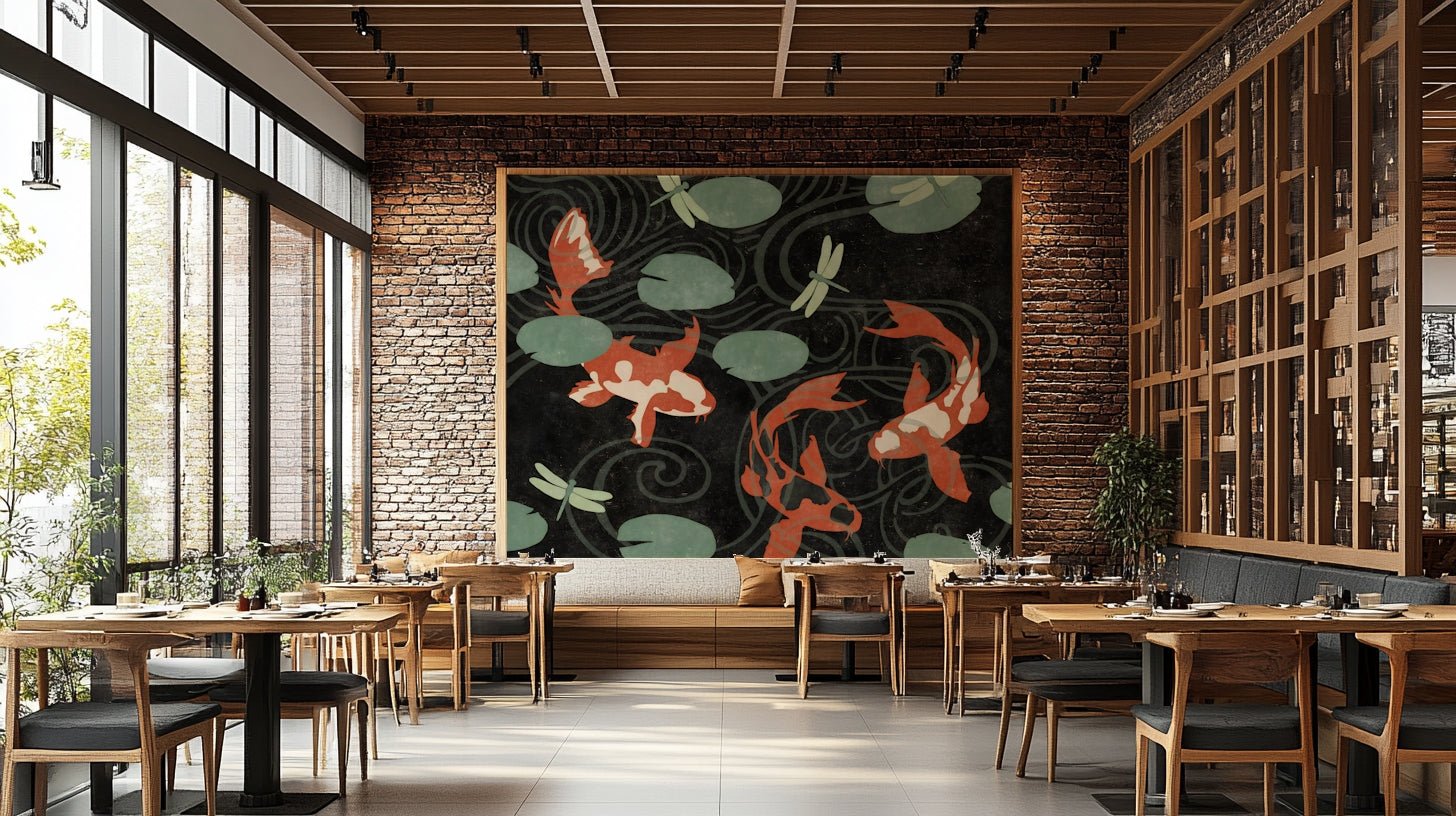 Serene koi pond mural with vibrant fish swimming.

