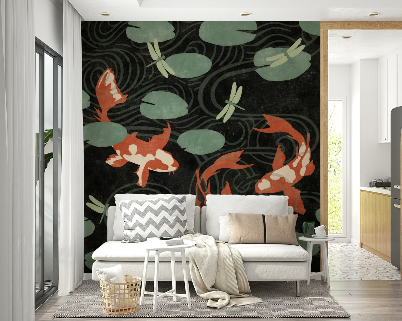 Three koi fish swimming in a tranquil pond mural.