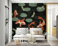 Three koi fish swimming in a tranquil pond mural.