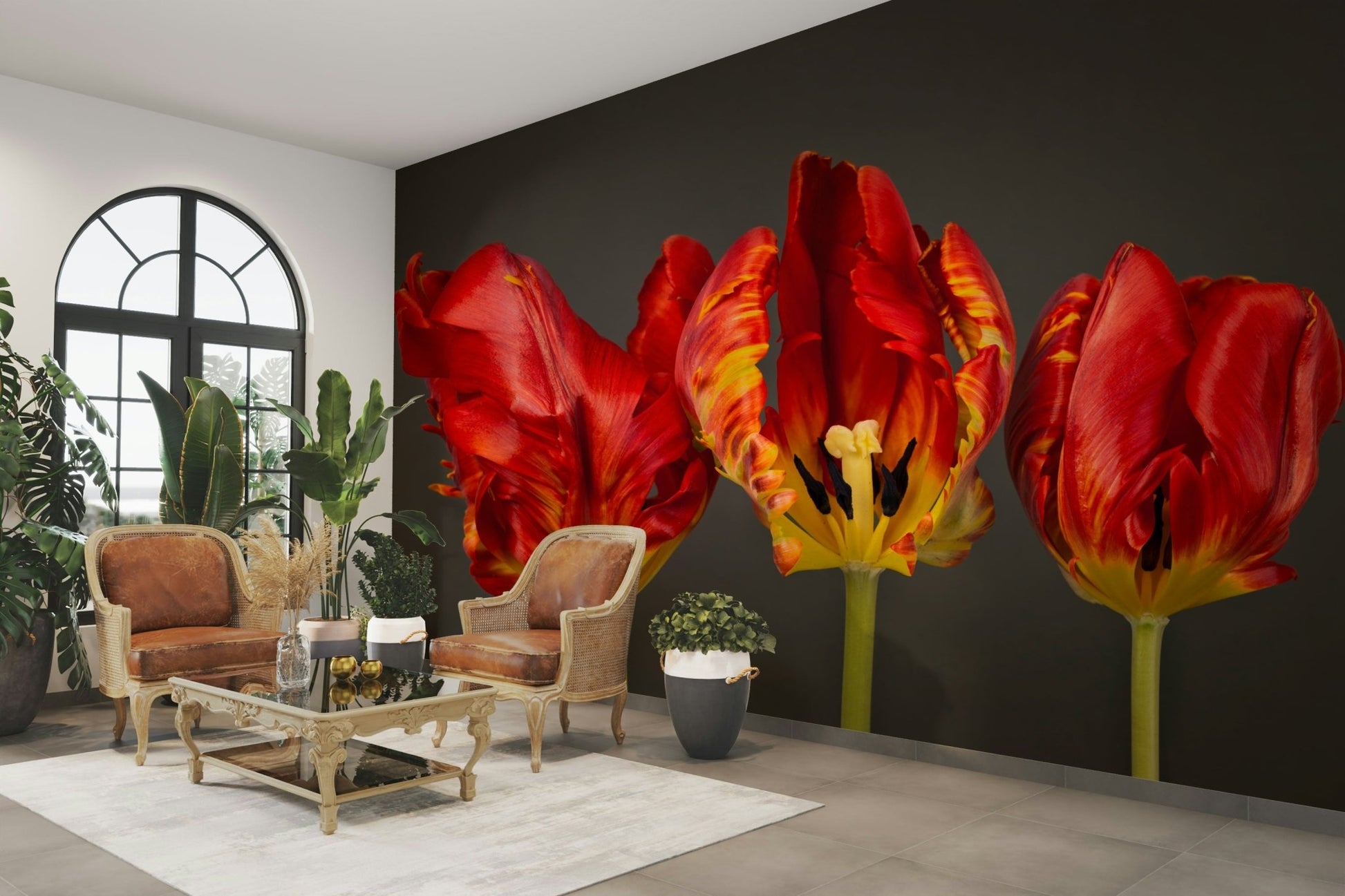 Botanical mural with red parrot tulips in bloom

