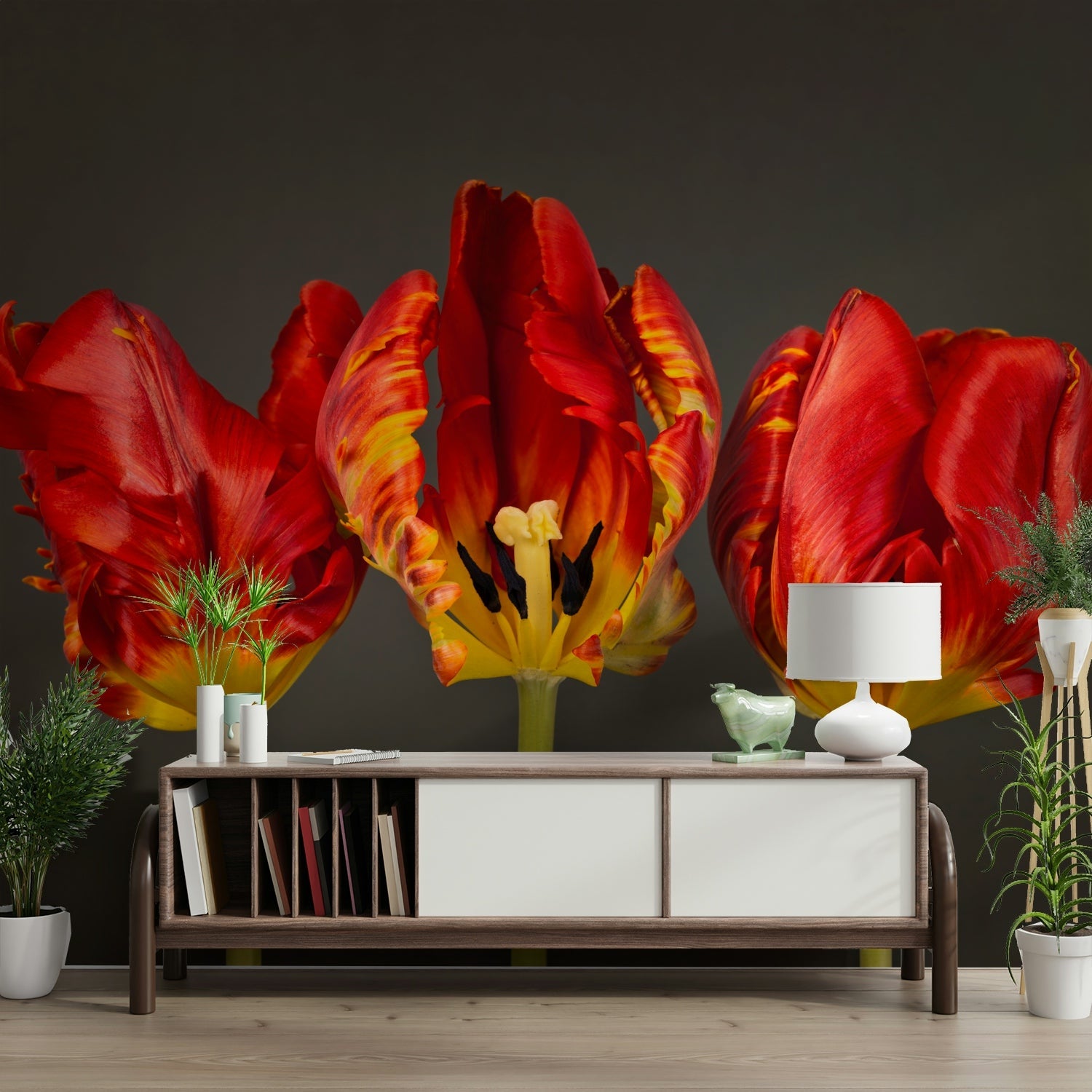 Ruffled tulip flowers in deep tones against dark background

