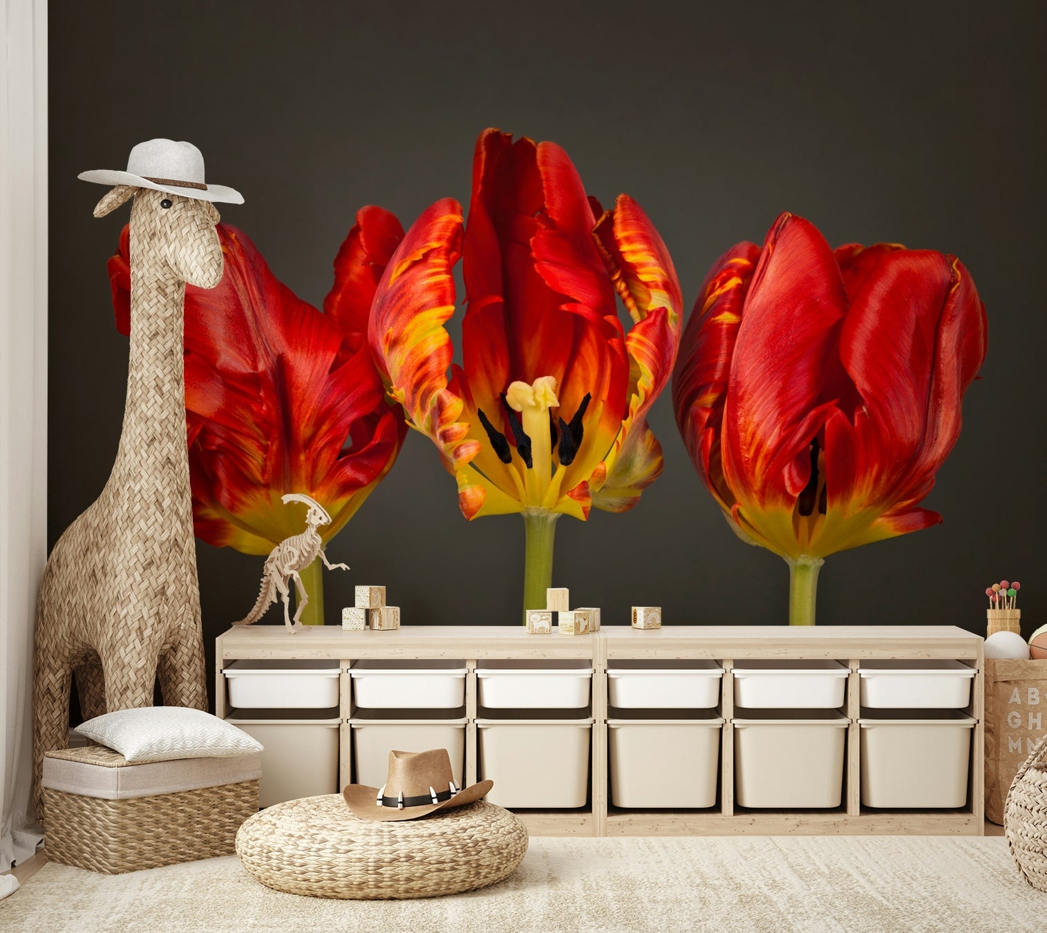 Three red and yellow Rococo tulips in wall mural design, GD2308