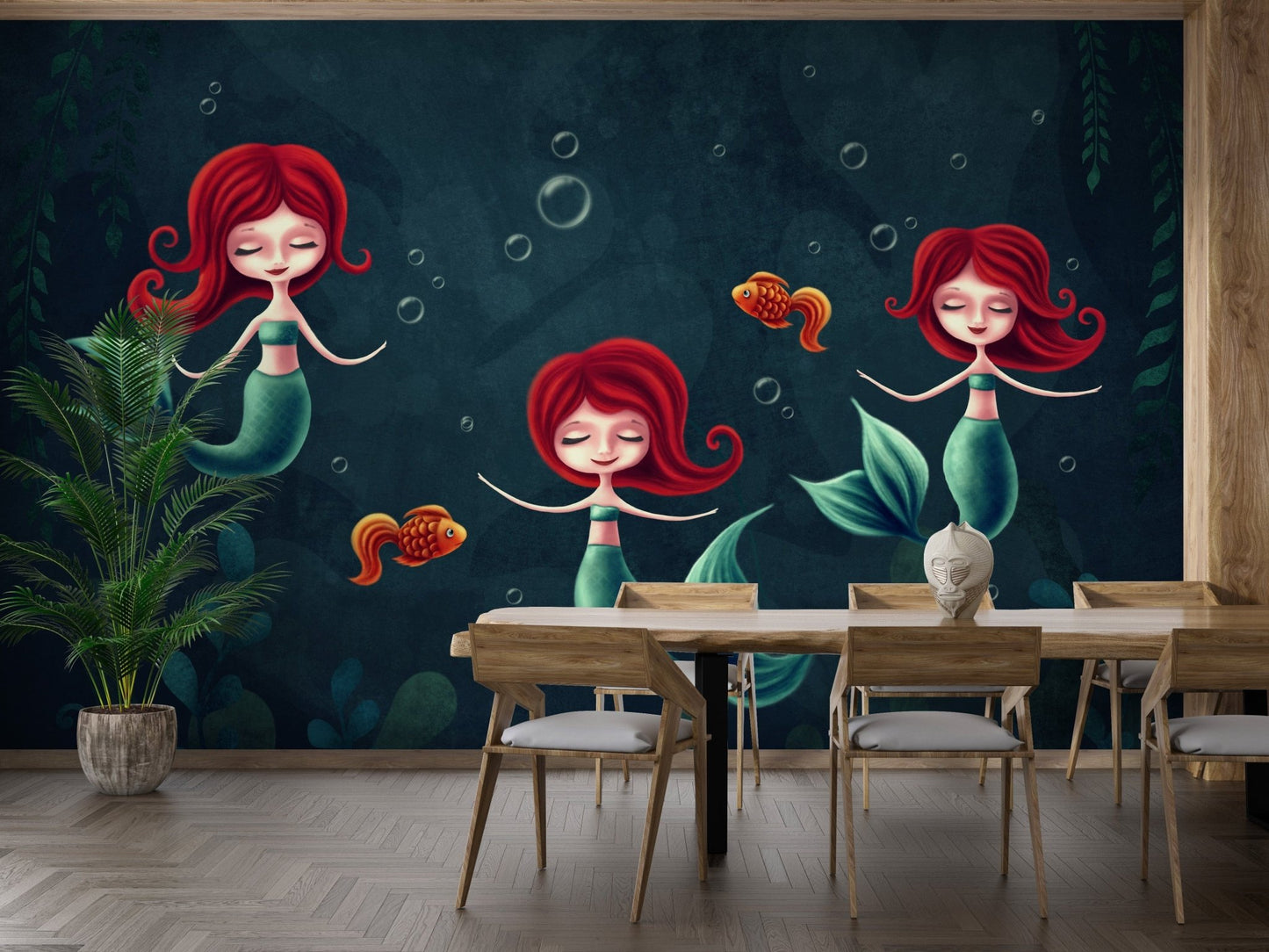 Underwater mermaids wallpaper mural featuring three characters A261