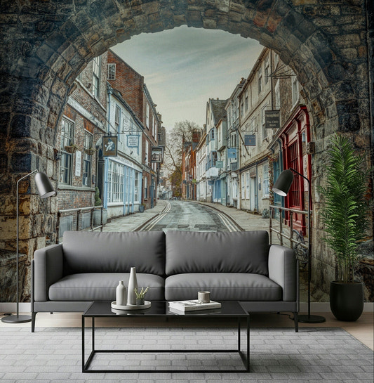 Large scale arch wallpaper for an open plan apartment living area.