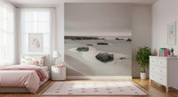 Tide Pools Wall Mural behind a light wood desk in a home office wallpaper.