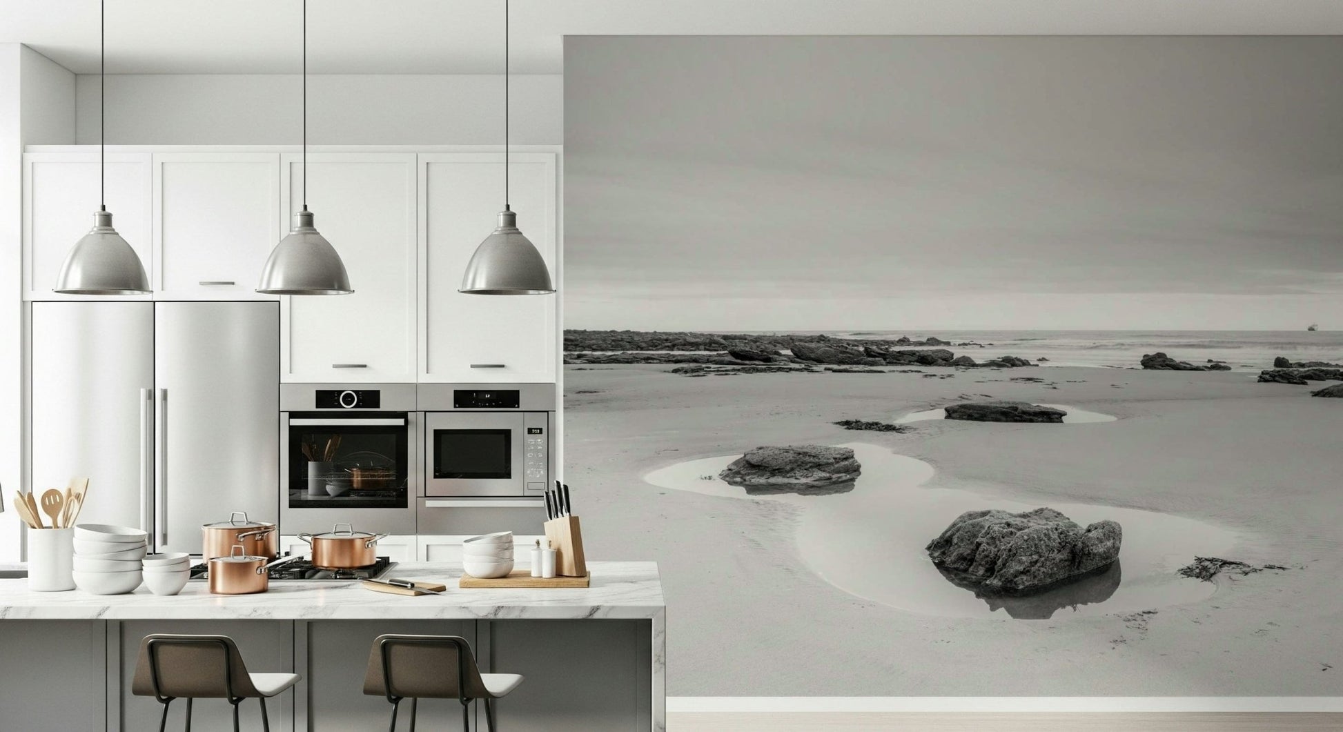 Organic seaside texture wallpaper for a contemporary lounge feature wall mural.