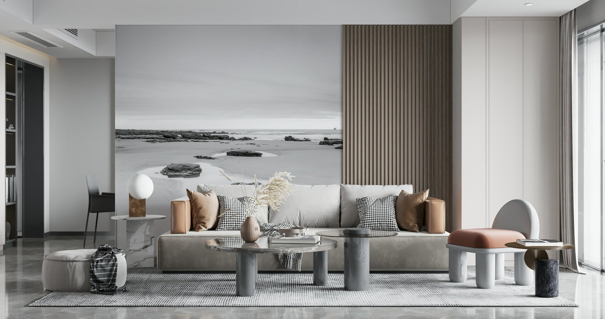 Modern apartment featuring Tide Pools Wall Mural with coastal decor wallpaper.