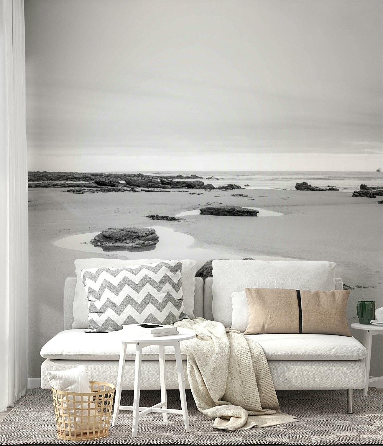 Coastal nature wall mural featuring aquatic blue tones in a modern living room.