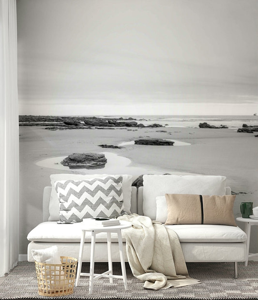 Coastal nature wall mural featuring aquatic blue tones in a modern living room.