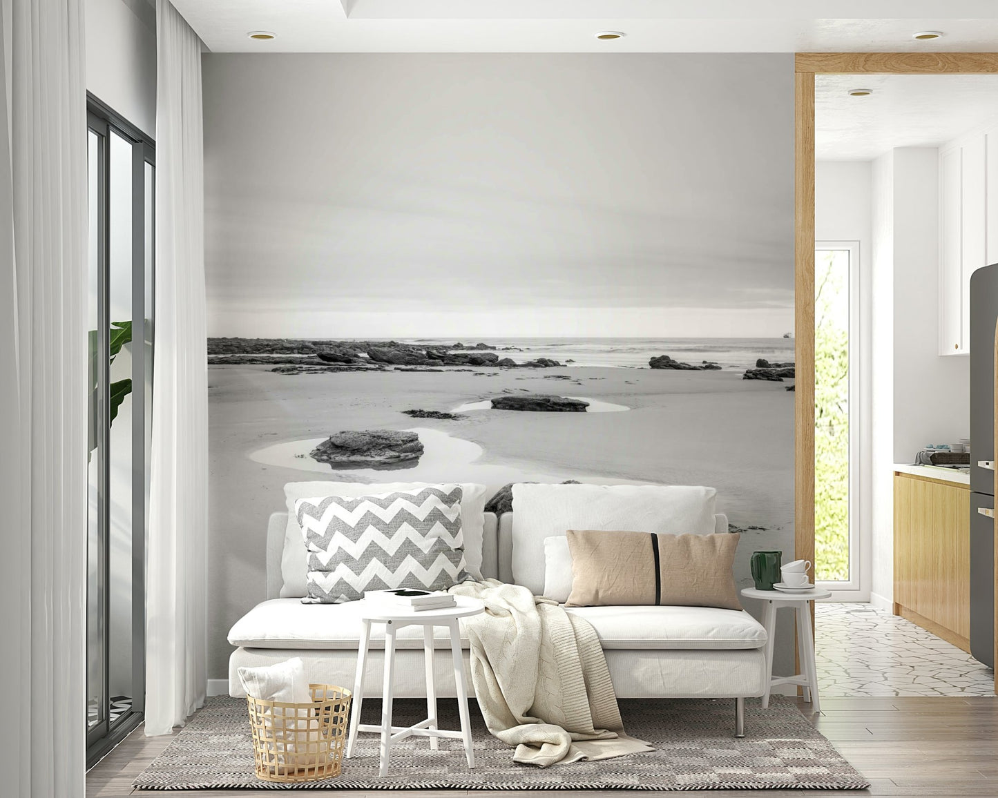 Coastal nature wall mural featuring aquatic blue tones in a modern living room.