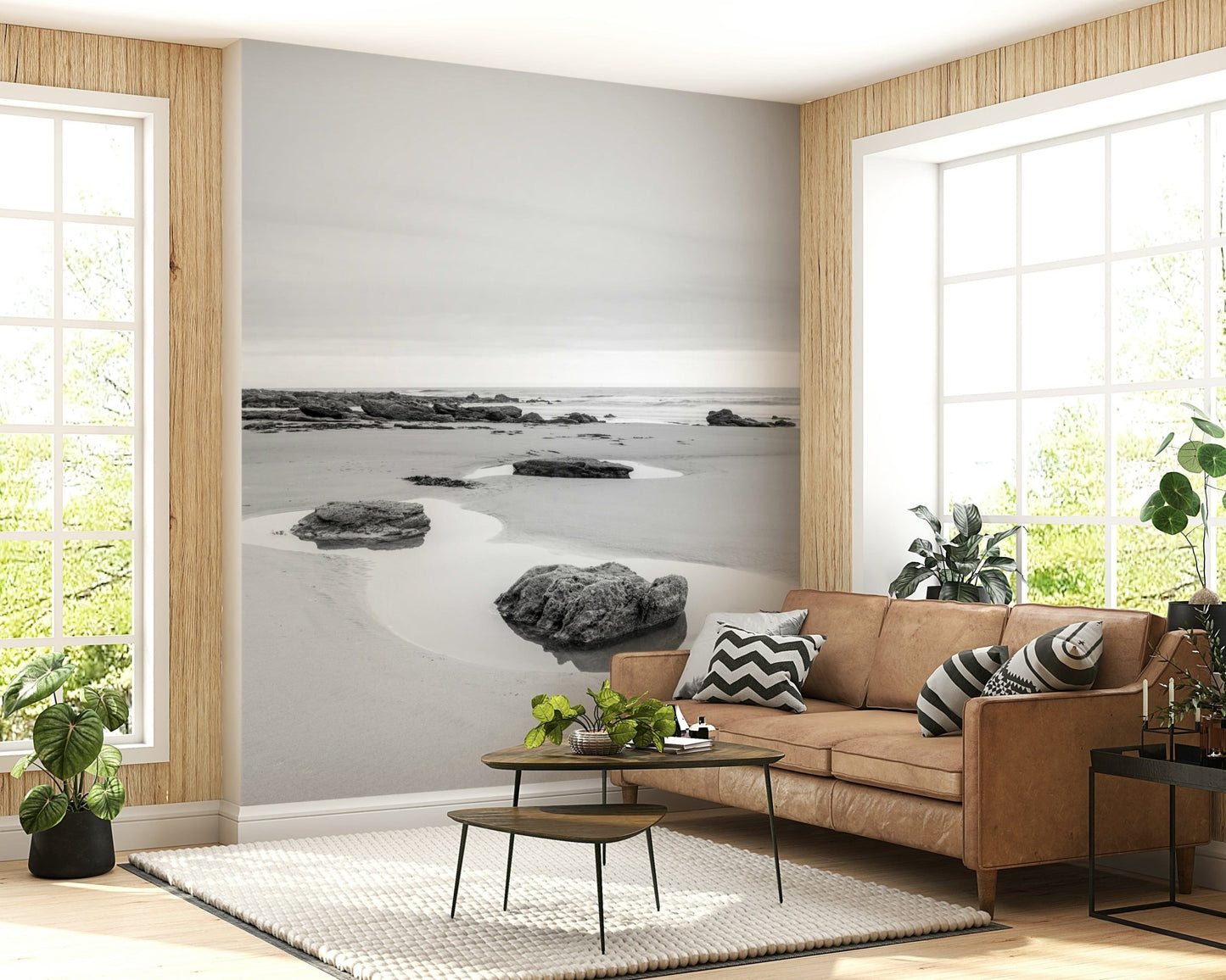 Tide Pools Wall Mural in a serene bedroom with white linen bedding wallpaper.
