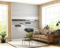 Tide Pools Wall Mural in a serene bedroom with white linen bedding wallpaper.