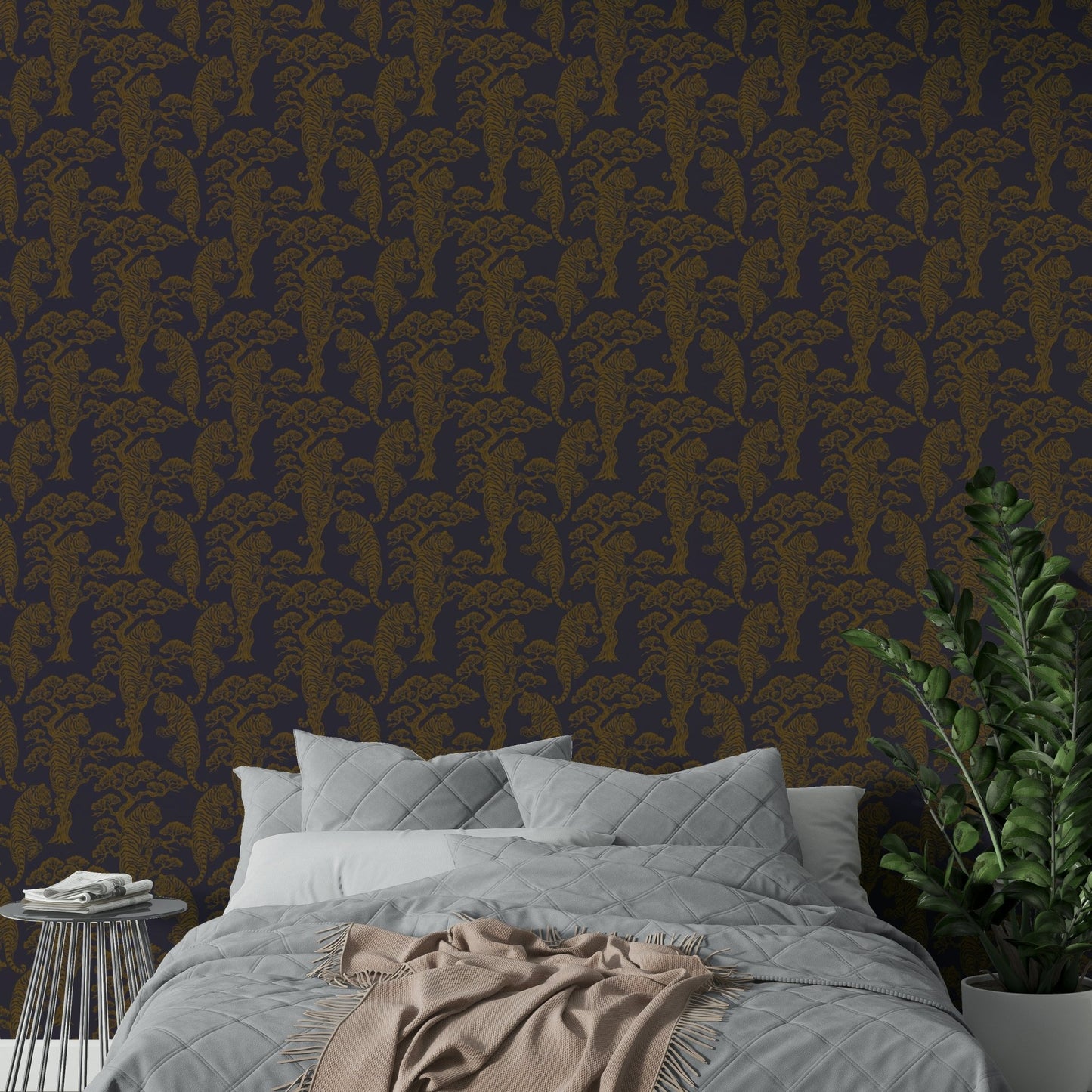 A peaceful tropical jungle mural on decorative wallpaper.

