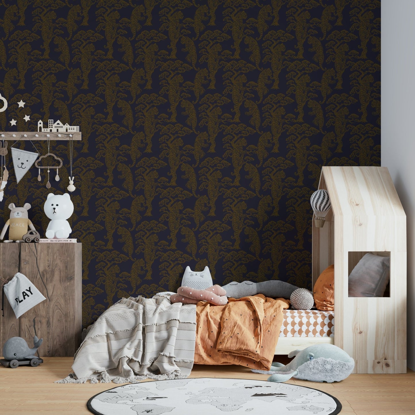 A graceful exotic tiger wall mural in rich, bold tones.

