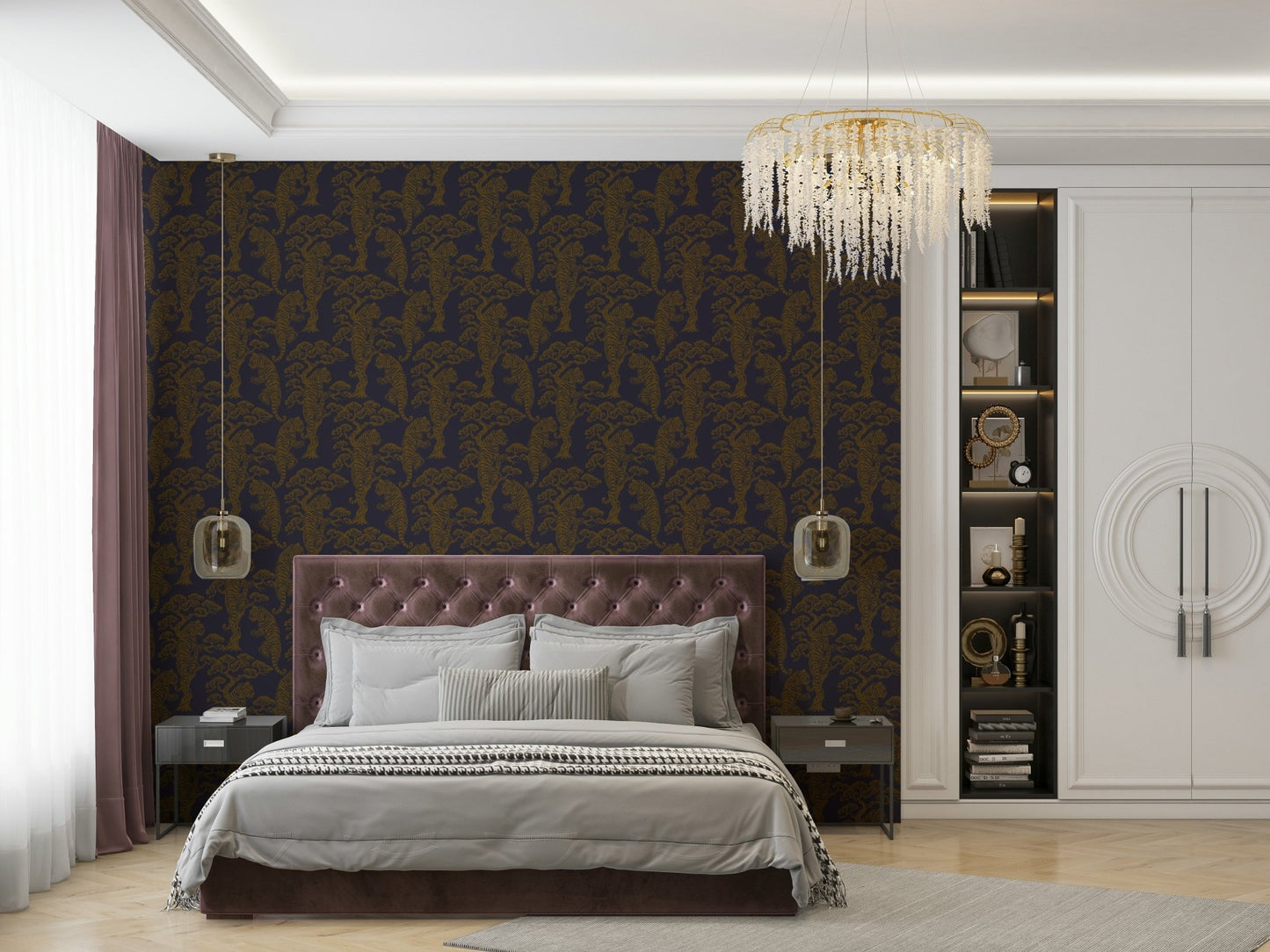 A classic tiger stripe wallpaper for walls with a dynasty theme.


