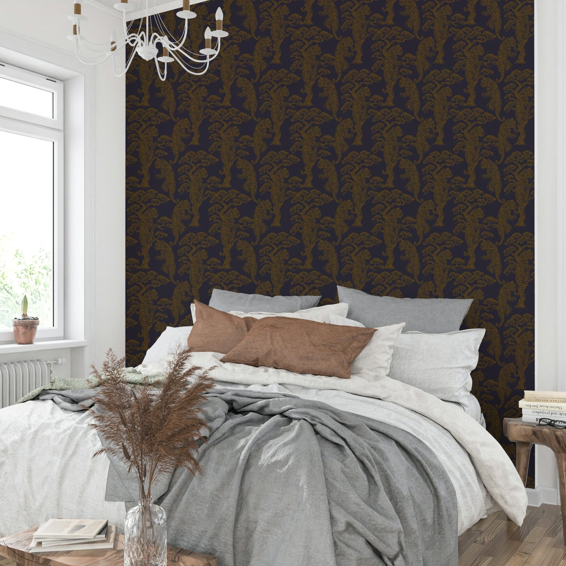 A serene jungle scene wall mural with majestic tigers.

