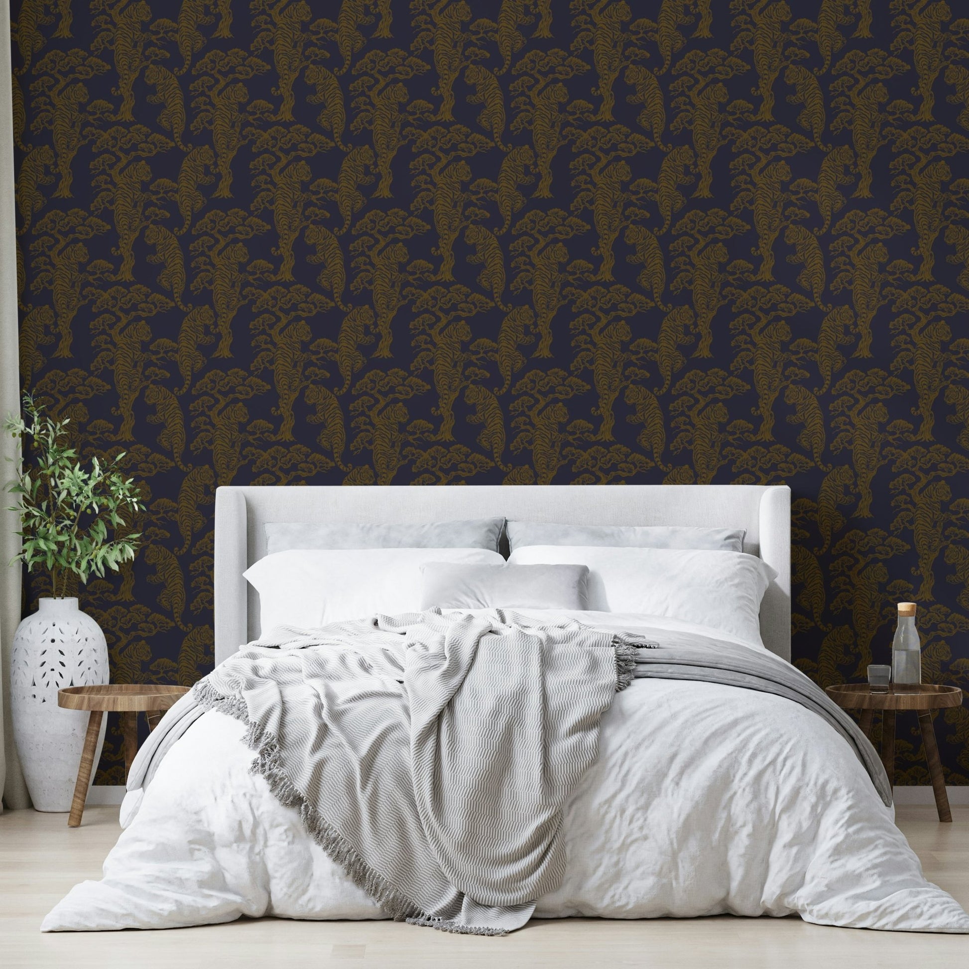 A calming jungle design wallpaper mural that defines a space.

