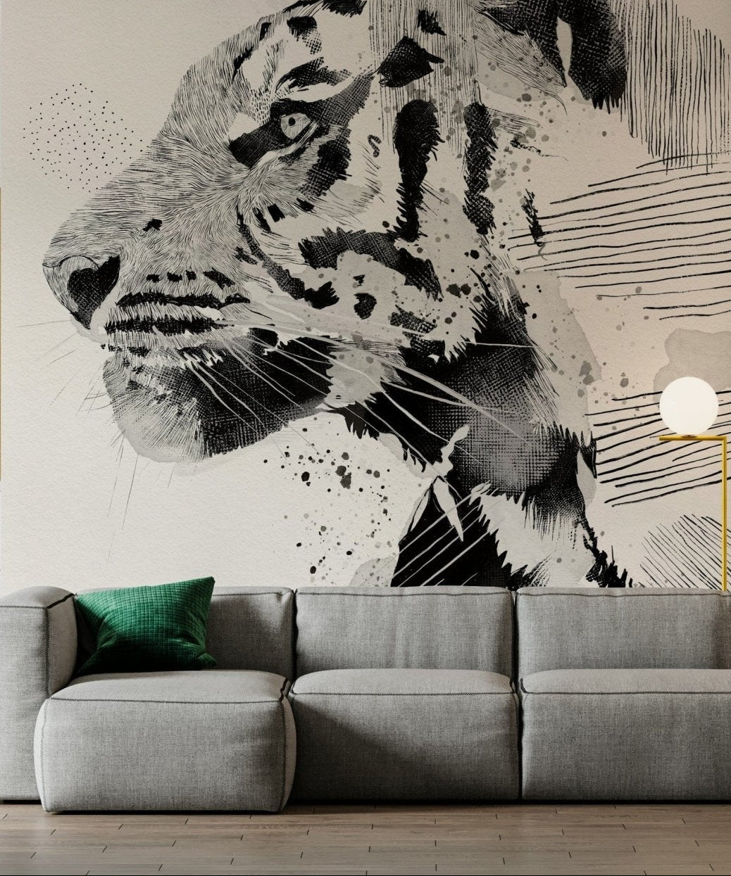 In this minimalist lounge, Tiger Ink Portrait Wall Mural becomes the main focal point, GD7912