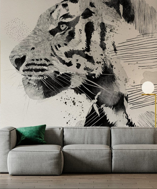 In this minimalist lounge, Tiger Ink Portrait Wall Mural becomes the main focal point