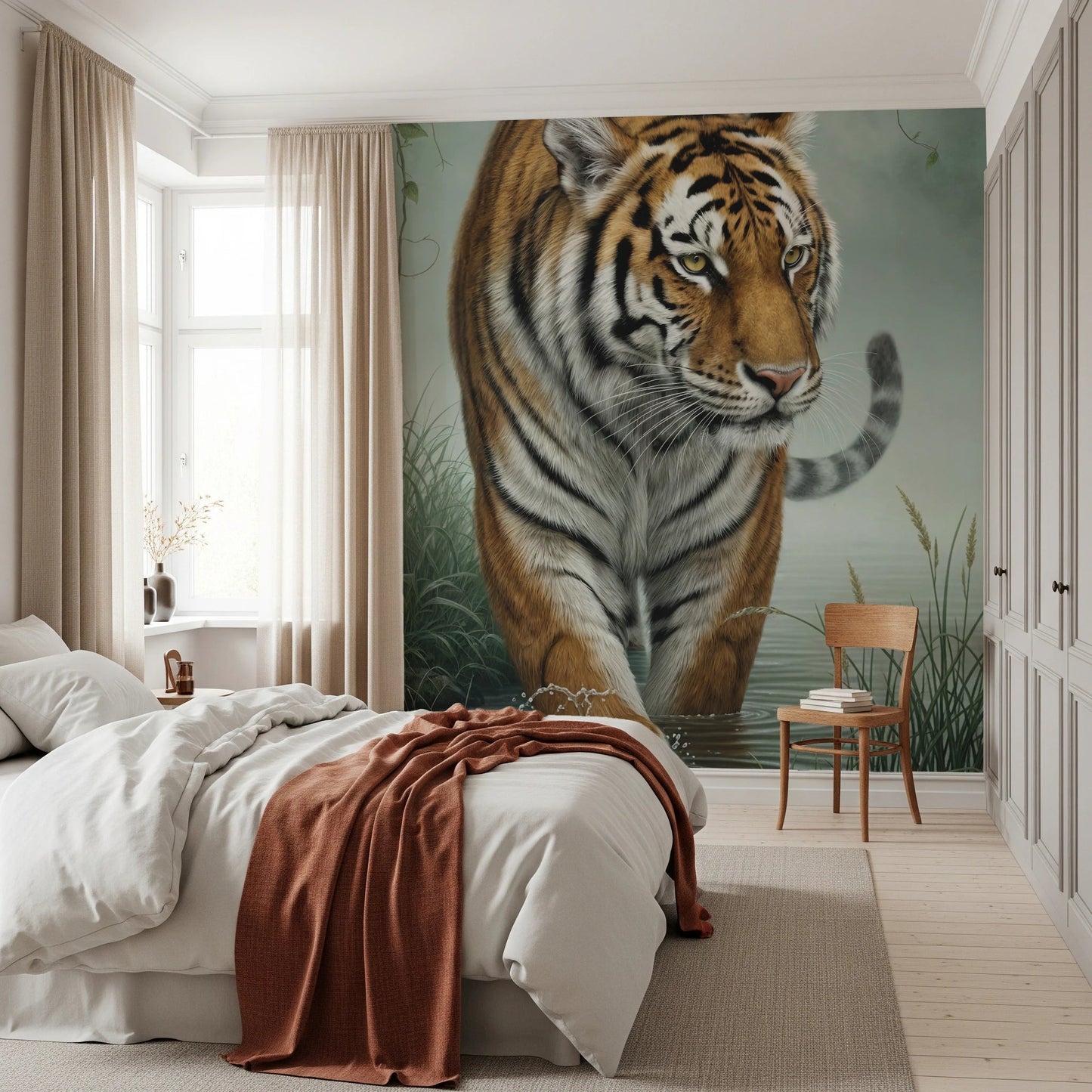 Bedroom with Tiger's Trail Wall Mural and a calm tiger scene behind the bed, GD8882
