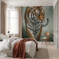 Bedroom with Tiger's Trail Wall Mural and a calm tiger scene behind the bed, GD8882
