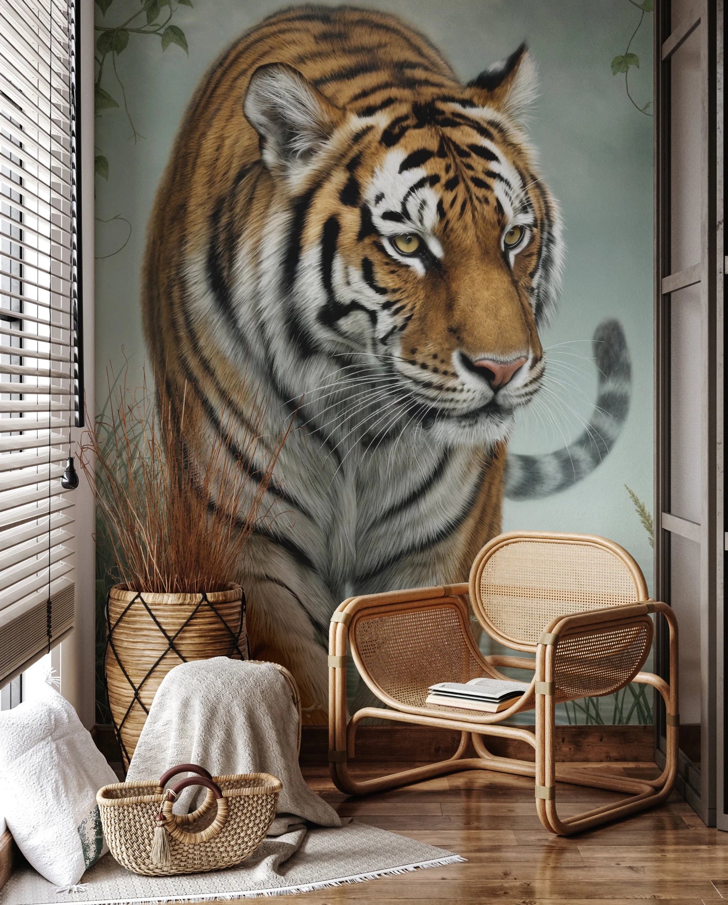 Sitting corner with Tiger's Trail Wall Mural and a woven chair by the wall, GD8882