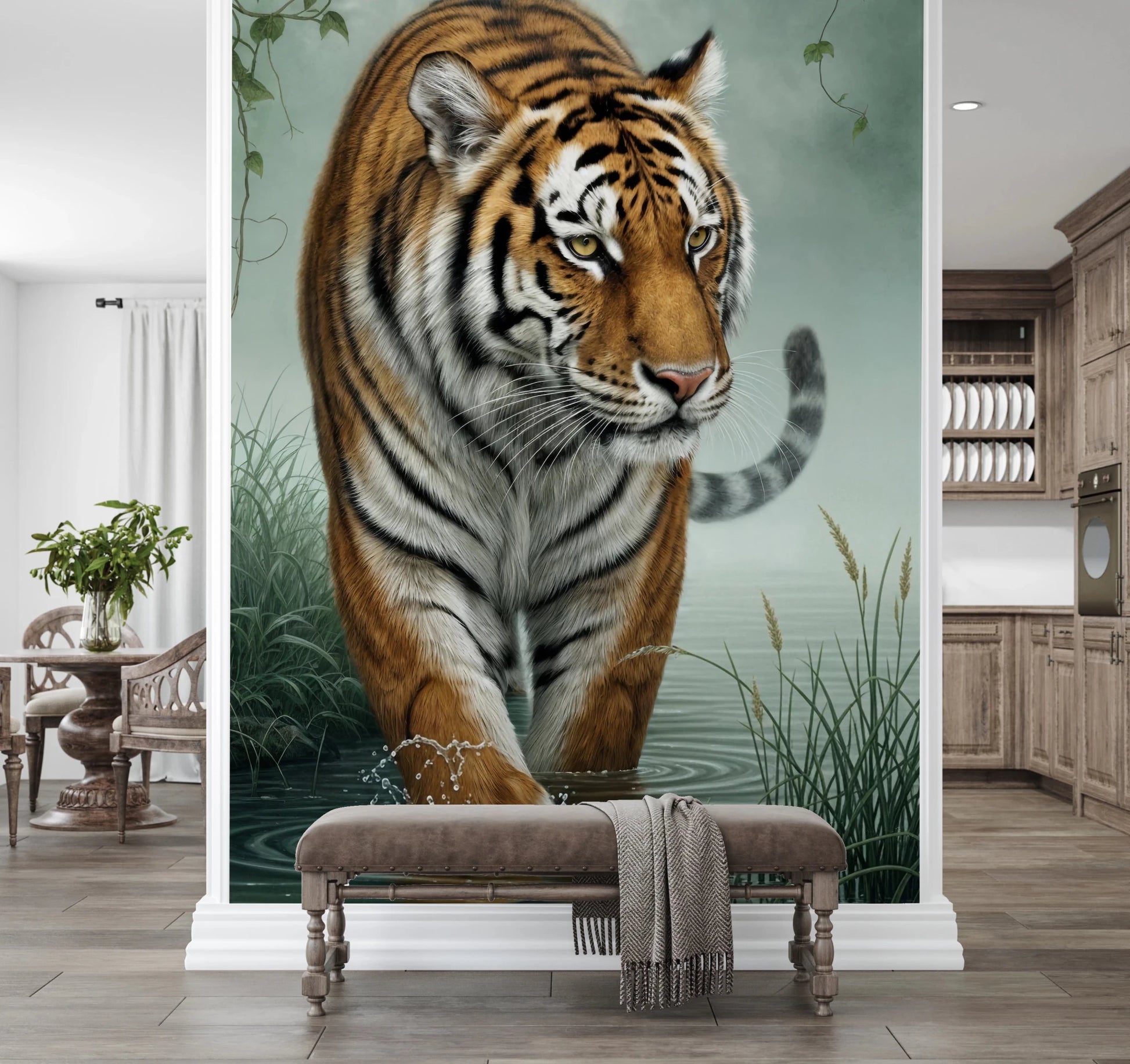 Sunlit living room with Tiger's Trail Wall Mural and a bold tiger backdrop, GD8882