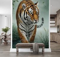 Sunlit living room with Tiger's Trail Wall Mural and a bold tiger backdrop, GD8882