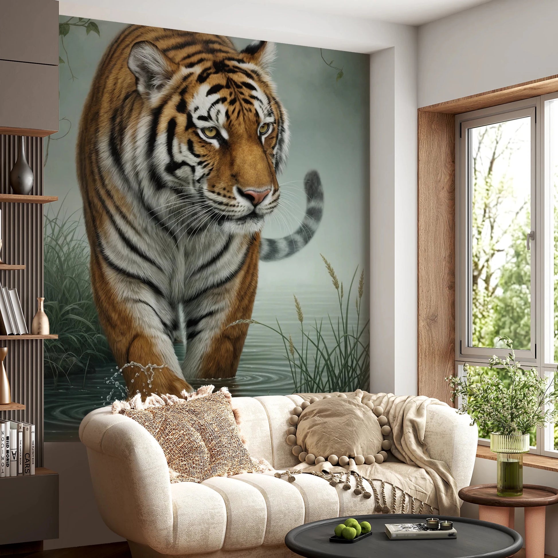 Cozy lounge framed by Tiger's Trail Wall Mural and a large tiger portrait, GD8882