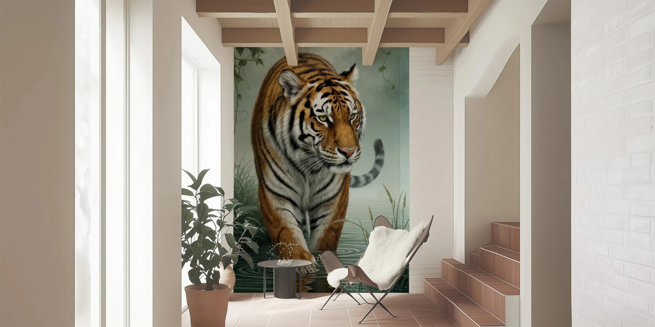 Entryway nook with Tiger's Trail Wall Mural and a dramatic tiger portrait