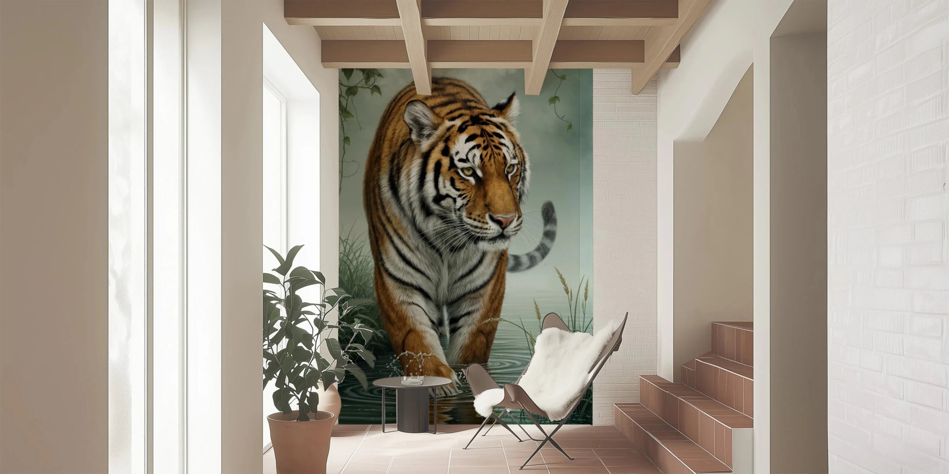 Entryway nook with Tiger's Trail Wall Mural and a dramatic tiger portrait, GD8882